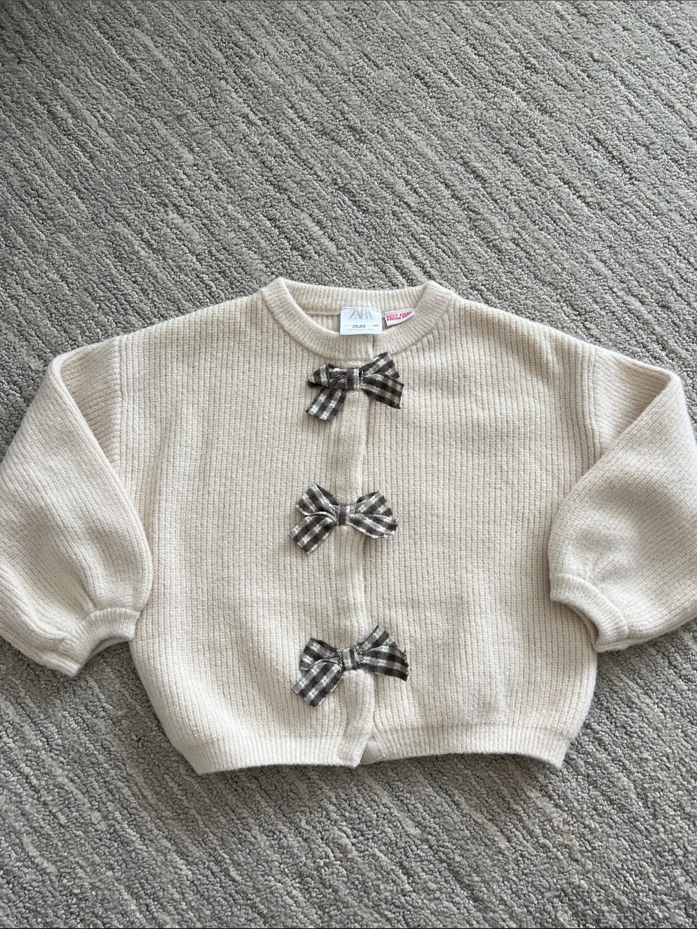 ZARA Cream Knit Cardigan with gingham Bow Accents 18-24M